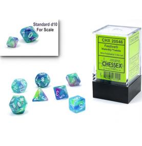 Chessex – Set de 7 dés Festive® Mini-Polyhedral WaterlilyTM/white
