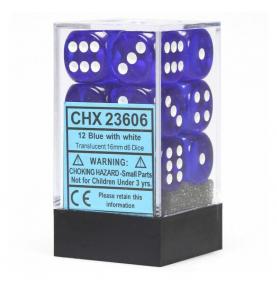 CHESSEX - Set de 12 dés 6 - TRANSPARENT - Bleu/Blanc