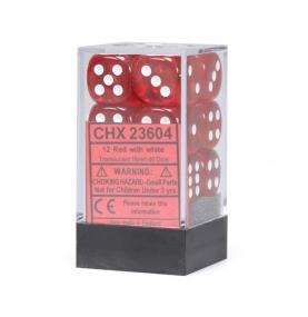 CHESSEX - Set de 12 dés 6 - TRANSPARENT - Rouge/Blanc