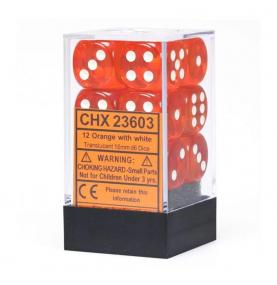 CHESSEX - Set de 12 dés 6 - TRANSPARENT - Orange/Blanc