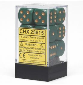 CHESSEX - Set de 12 dés 6 - OPAQUE - Vert Gris/Or